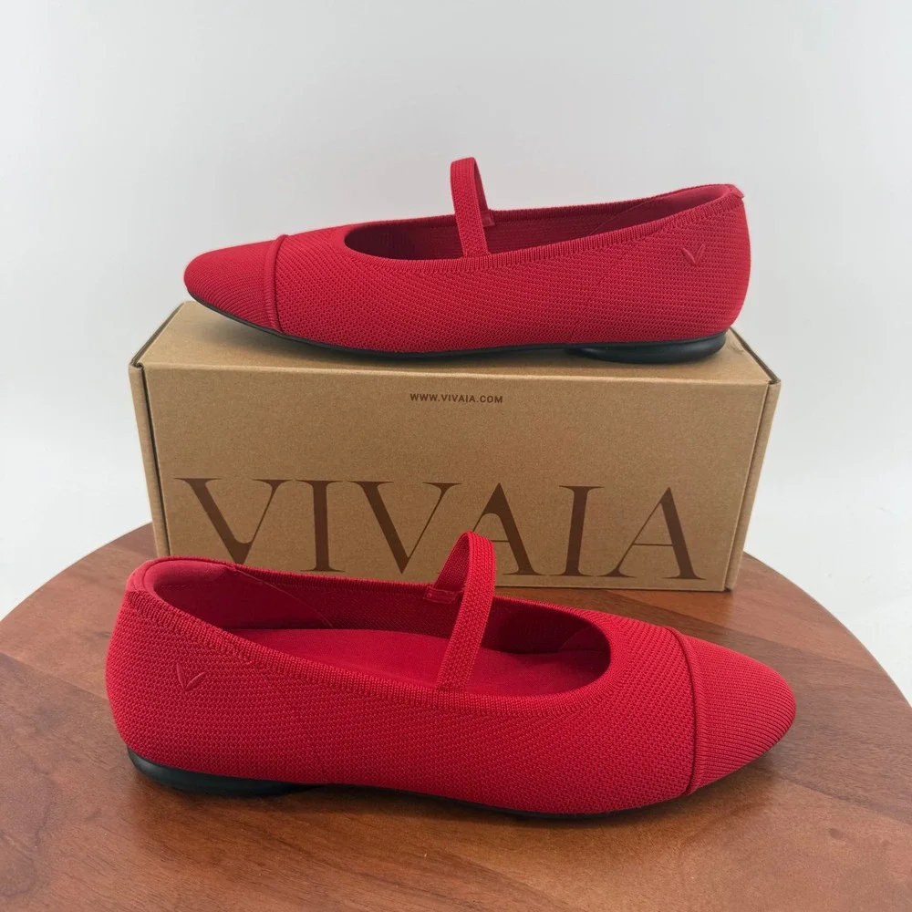 VIVAIA Tamia Mary Jane Ballet Ruby Red Knit Sustainable Cap Toe Flat Women 10